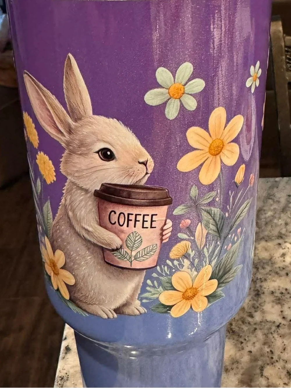 Hand Crafted Purple Bunny Floral Coffee Tumbler NEW IN BOX WITH STRAW